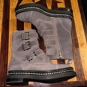 Vince Camuto Bobette 3-Strap Grey Suede Combat Boots